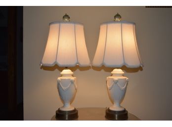 Pair Ceramic Rams Heads Blanc De Chine Style Decorated Lamps On Brass Bases 12'x25' Dragon Finials