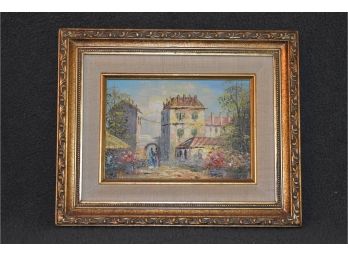 Signed Oil Painting Of Board European Village Scene 10.5'x9' Gold Frame Matted