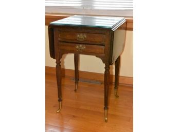 2 Drawer Drop Leaf End Table Solid Wood Oak? 18' (open 37') X 28'x19' Glass Top