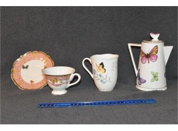 Butterfly Collection Coffee Pot 2 Cups Pot 7', Cups 4.25', 2.25' And Saucer 5.75