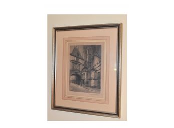 Signed German Street Scene Unknown Name 13'x16' Framed, Matted, Glass