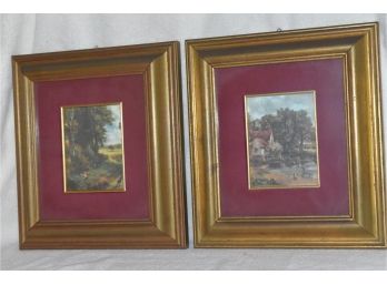 Pair Italian Country Side On Fabric 9.5'x11' From Florence (Firenze) Italy Matted Framed Glass