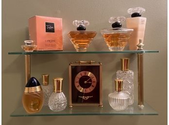 Tresor Perfume Collection And Boucheron With Hamilton Clock And Shelf