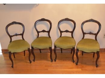 Set Of 4 Walnut And Velour Dinning Chairs Victorian 17'x16.5'x34' Olive Green