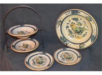 Williams Sonoma Made In Italy Ceramic Serving Dishes, Large Partridge Serving Bowl 14.75'x3' 2 Leaf Iron Stand