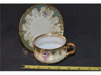 Dresden German Cup And Saucer Gold And Green Cup: 4.25'x2.25, Saucer: 5.25'