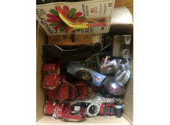 Box Of Assorted Toys, Trucks, Cars, And Miscellaneous