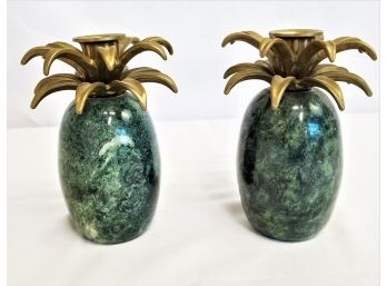 Two Beautiful Carnevale Marble And Brass Pineapple Candle Holders