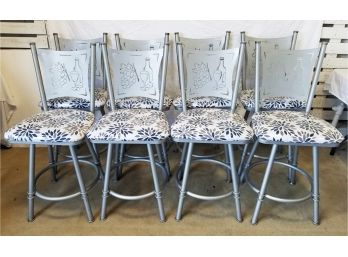 Eight Custom Laser Cut-Out Wine Themed Counter Height Stools With Cushioned Seats