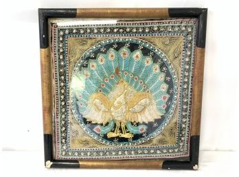 Vintage Framed Hand Embroidered Jewel Embellished Phoenix Peacock Cloth Wall Hanging