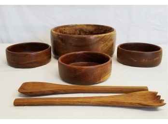 Vintage Teak Wood Salad Bowl Set - Made In Thailand