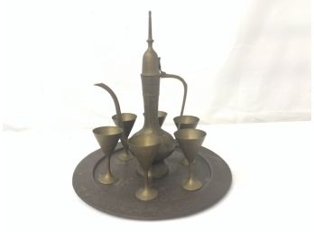 Vintage Seven Piece Etched Brass Dallah Set W/ Tray