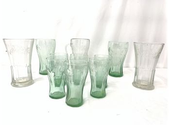 Eleven Vintage Green & Clear Glass Coca Cola Glasses By Libbey