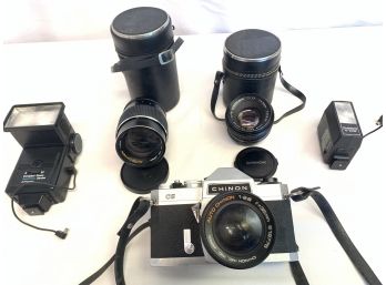 Chinon Cs Camera And Two Chinon Lenses With S20B Flash