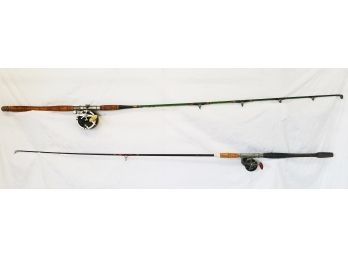 Vintage Penn & Outdoorsman Castomatic Fishing Reels With Wood Handled Poles