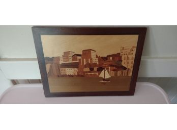 Vintage Italian Wooden Inlay Art, Italian Village Landscape View