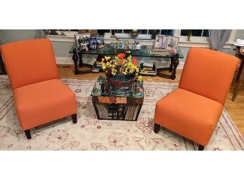 Fabulous Pair Of Modern Upholstered Bright Orange Armless Chairs -