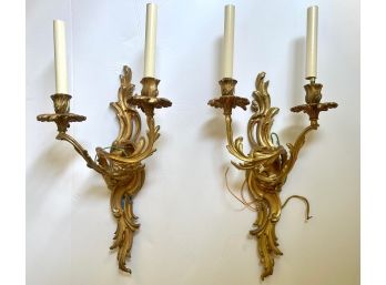 Neoclassical Pair Of Heavy Brass Sconces With 24karat Gilt Overlay