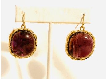 Gorgeous Large Chunky Gold Tone And Cranberry Tone Stone Earrings