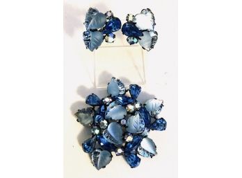 Blue-stoned Leaf Design Brooch And Earrings