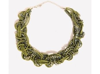 Unique Green Seed Bead And Rhinestone Necklace