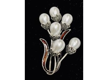 Silver Tone Faux Pearl And Enamel Brooch