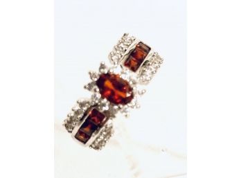 Synthetic Ruby And Sterling Silver Ring With Cubic Zircon - Size 6.5