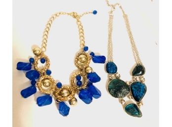 Two Large Chunky Blue Fashion Statement Necklaces