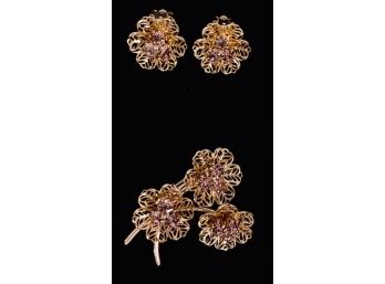 Stunning Gold Tone And Lilac Stone Earring And Brooch Set