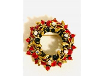 Stunning Gold Tone Wreath-style Brooch With Red Rhinestone And Figural Floral Motif