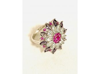 Sterling Silver Rhinestone Cocktail Ring - Size 7