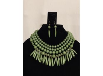 Multi-Strand Green Bead Necklace And Earring Set