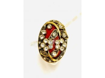 Detailed Gold Tone And Rhinestone Cocktail Ring - Size 8