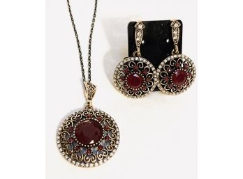 Gold Tone Necklace And Earring Set With Red Stone.