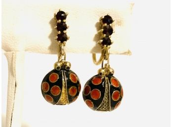 Vintage Enamel Over Brass Ladybug Earrings