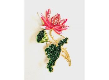 Gold Tone And Hot Pink Floral Brooch