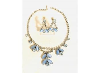 Alluring Light Blue Moonstone And Rhinestone Necklace On Denim Rhinestone Chain