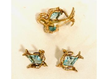 Vintage Aquamarine Rhinestone Brooch And Earring Set