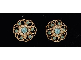 Pair Of 12KT Gold Filled Circular Brooches With Teal Stones