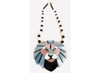 Unique Mother Of Pearl And Stone Lion's Head Statement Necklace