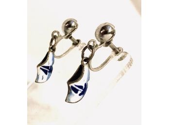 Blue And White Dutch Clog Screw Back Earrings