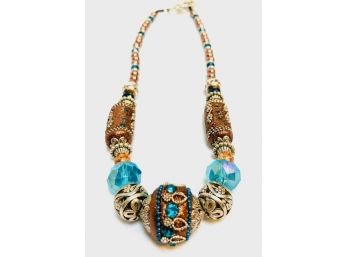 Detailed Teal And Bronze Tone Statement Necklace