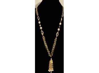 Regal Gold Tone And Faux Seed Pearl Pendant Necklace