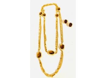 Beautiful Sarah Cor Gold Tone And Chocolate Stone Necklace And Earring Set