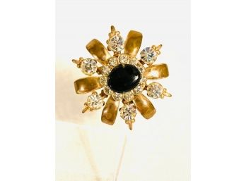 Vintage Dark Cabochon Stone Brooch With Rhinestones