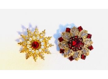 Two Vintage Gold Tone And Red Stone Snowflake-style Brooches