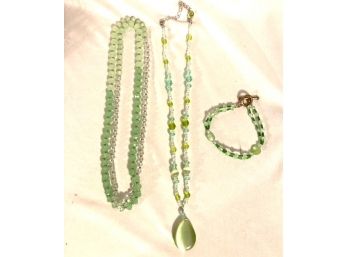 Green Trio - Two Necklaces And One Bracelet