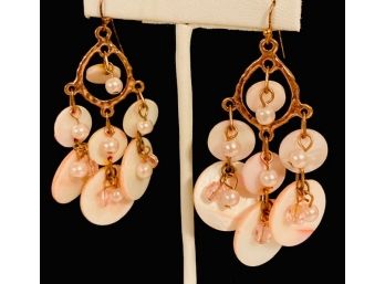 Hammered Copper And Faux Pink Pearl And Mother Of Pearl Dangle Earrings