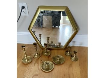 7 Brass Candlesticks & Mirror