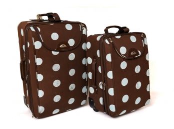 Set Of Two American Flyer Brown And White Polka Dot Suitcases